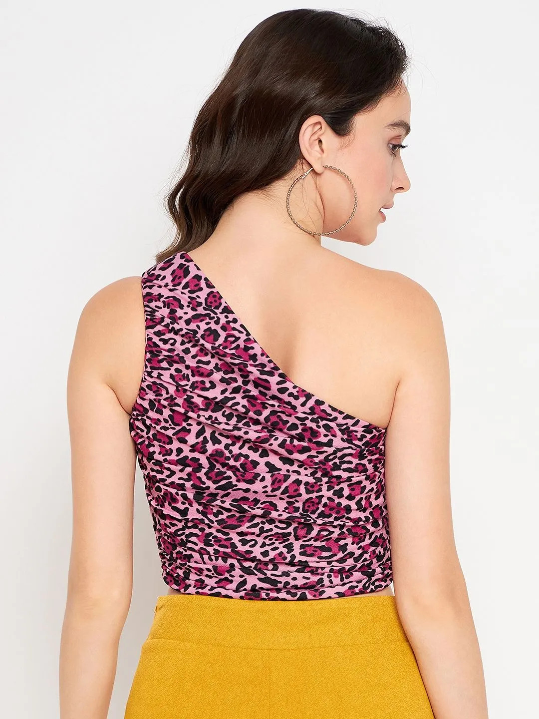 Printed Stretchable One Shoulder Top with Gathered Sides