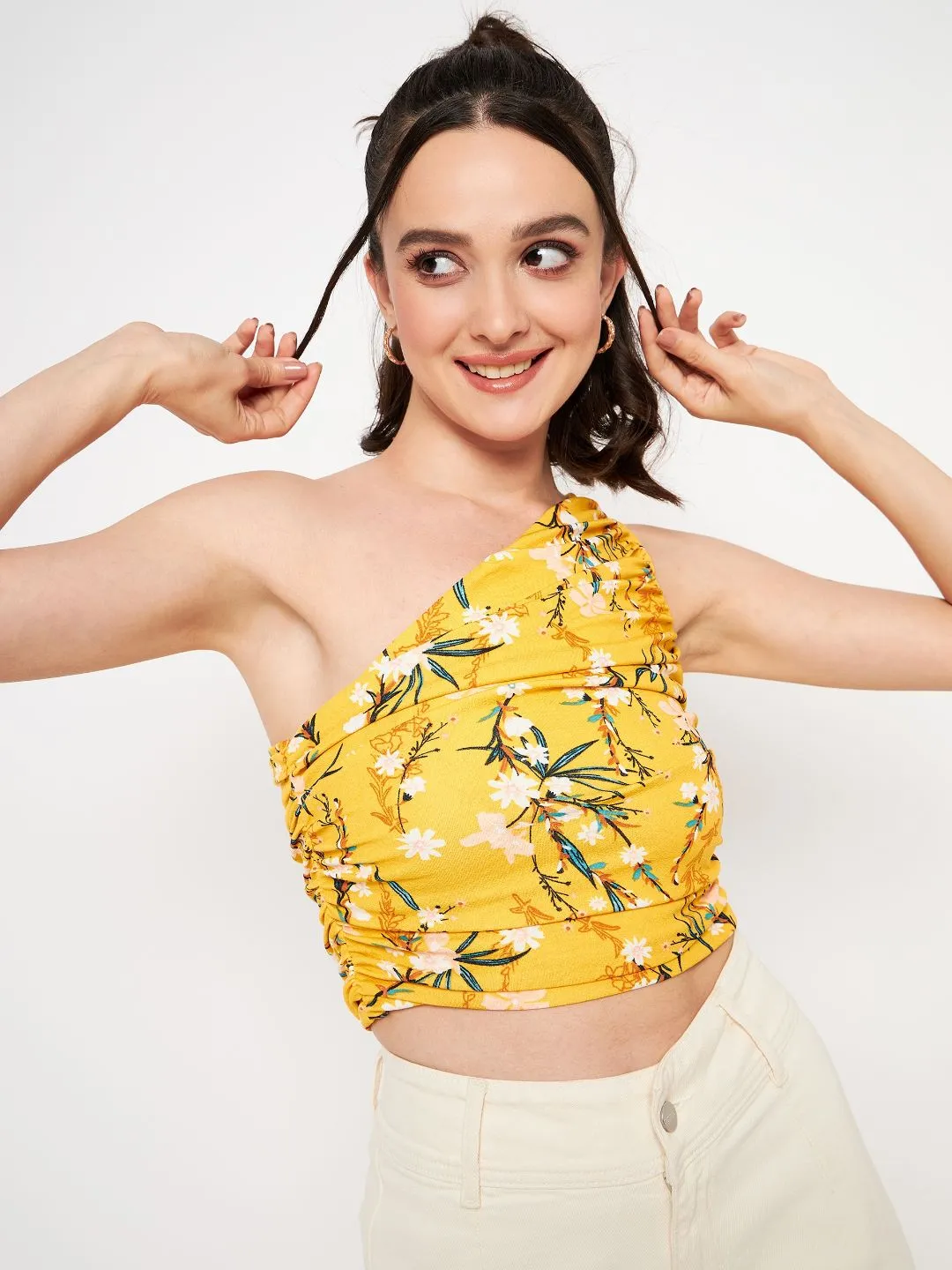 Printed Stretchable One Shoulder Top with Gathered Sides