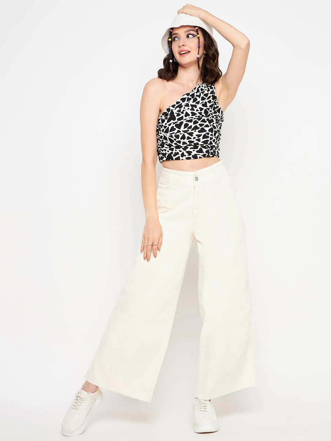 Printed Stretchable One Shoulder Top with Gathered Sides