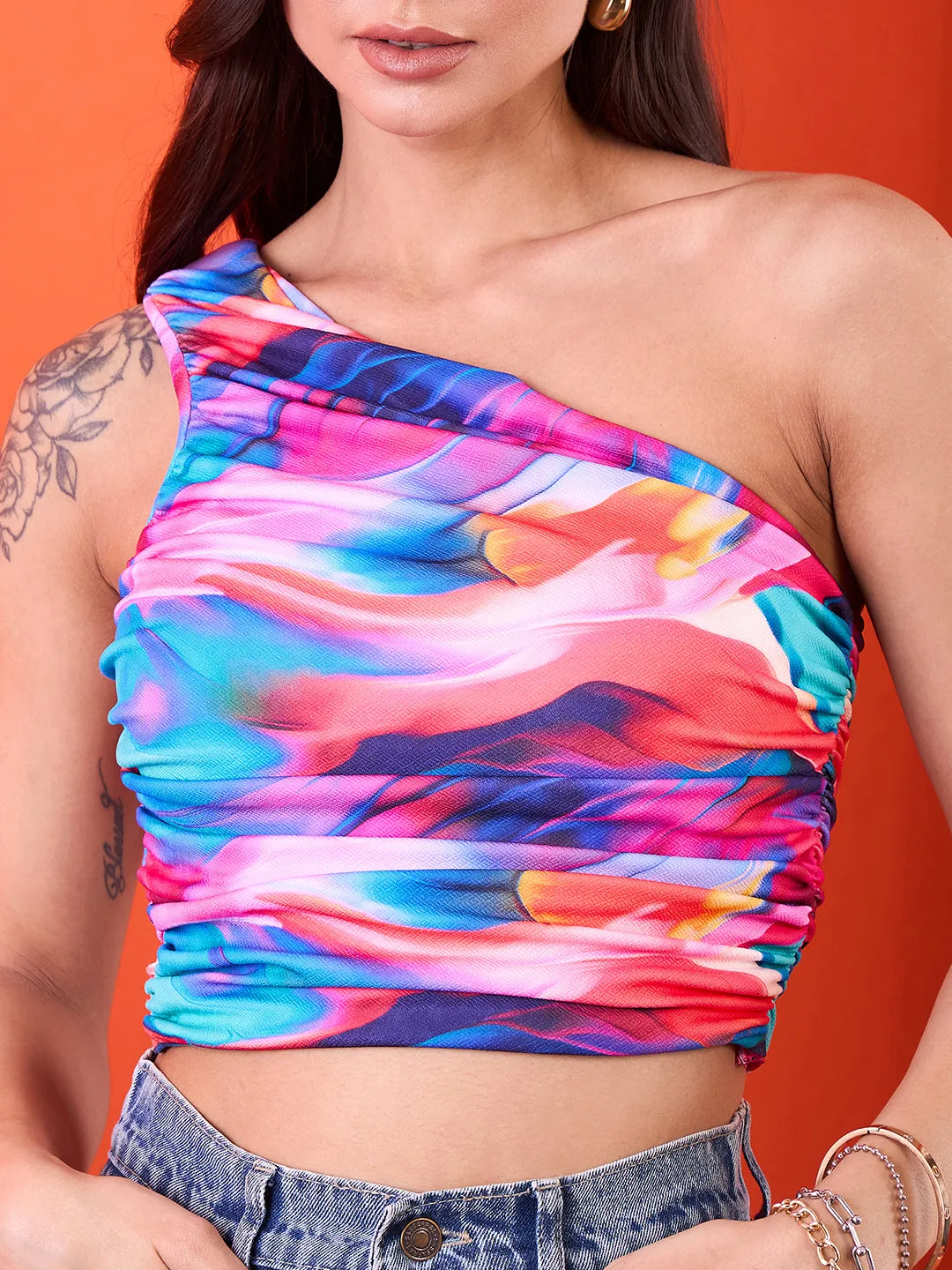 Printed Stretchable One Shoulder Top with Gathered Sides