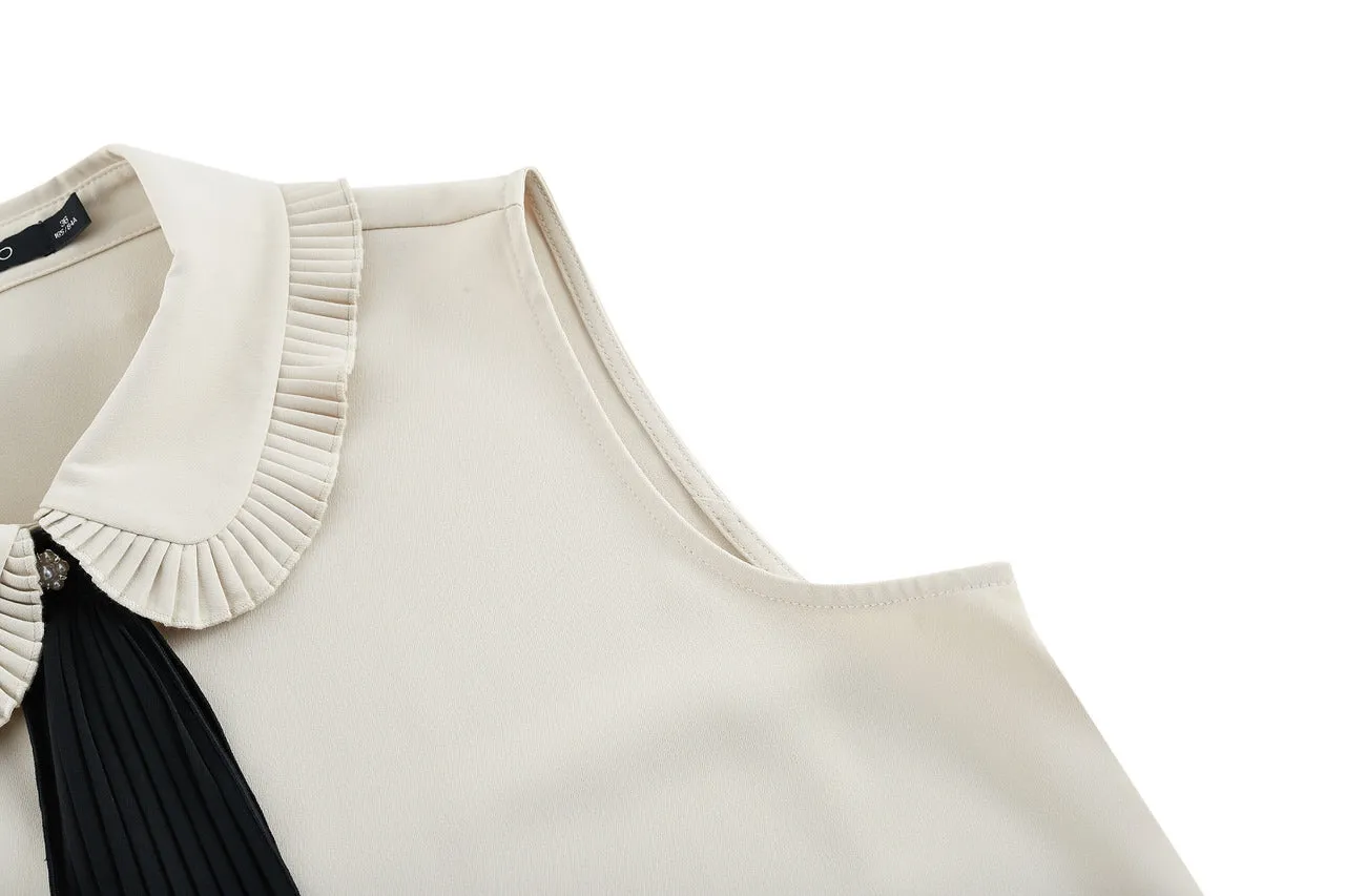 Sleevess Shirt Collar Blouse with Detachable Colour Blocked Tie