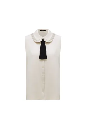 Sleevess Shirt Collar Blouse with Detachable Colour Blocked Tie