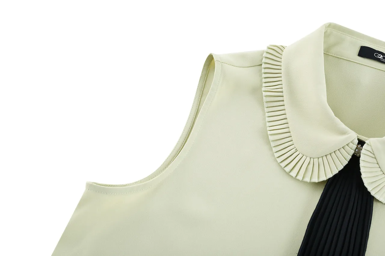 Sleevess Shirt Collar Blouse with Detachable Colour Blocked Tie