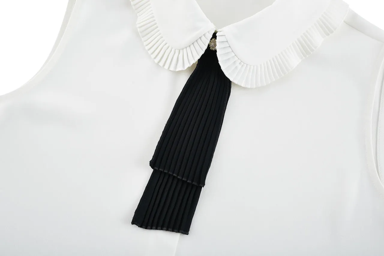 Sleevess Shirt Collar Blouse with Detachable Colour Blocked Tie