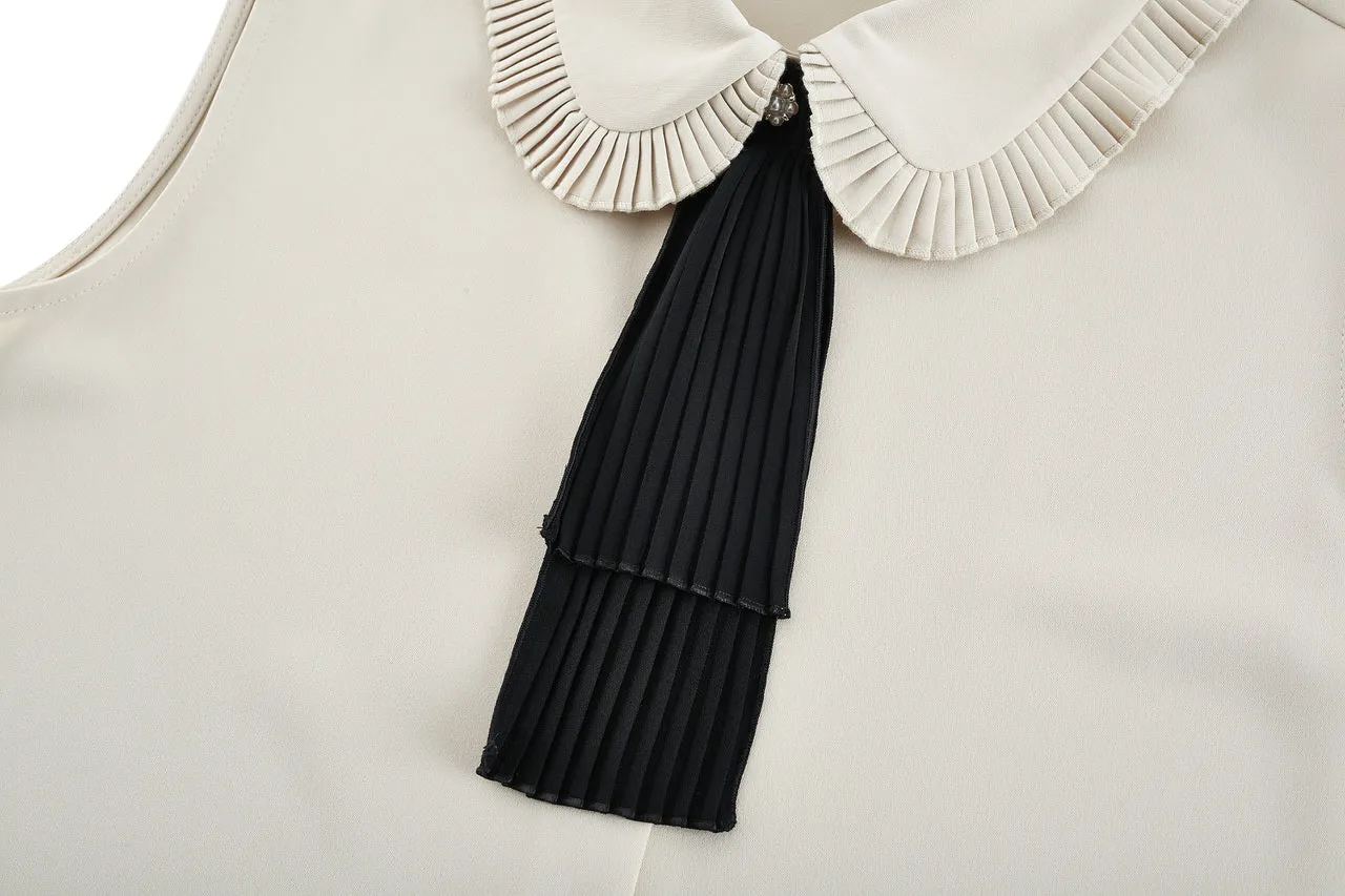 Sleevess Shirt Collar Blouse with Detachable Colour Blocked Tie