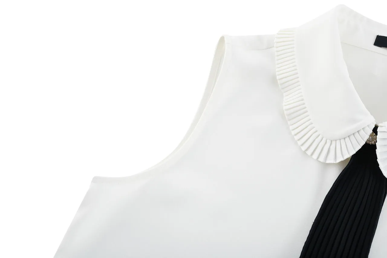 Sleevess Shirt Collar Blouse with Detachable Colour Blocked Tie