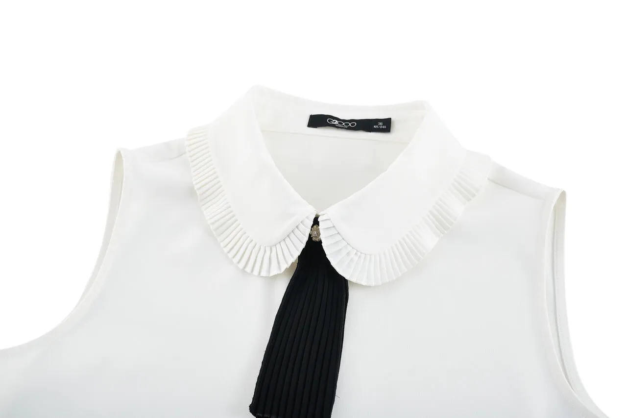 Sleevess Shirt Collar Blouse with Detachable Colour Blocked Tie