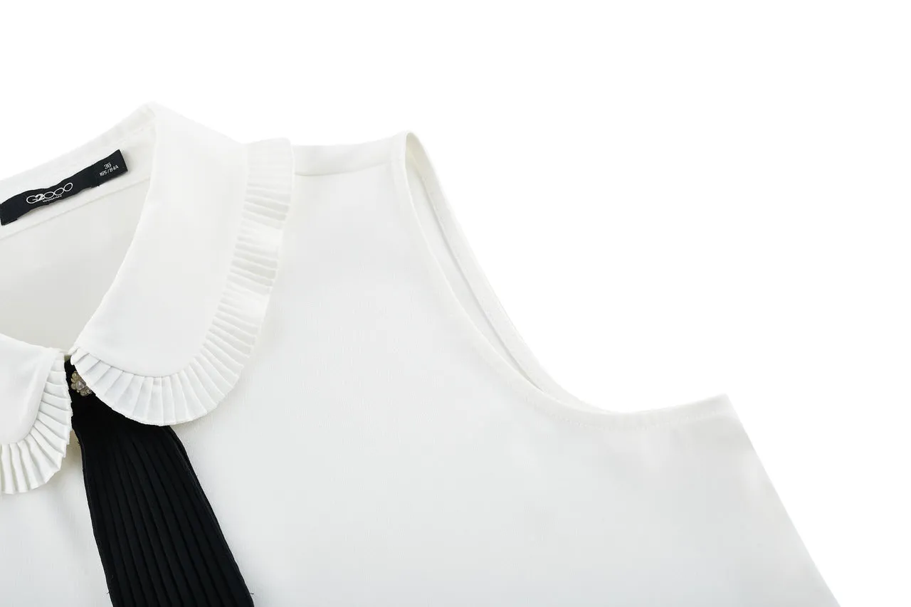 Sleevess Shirt Collar Blouse with Detachable Colour Blocked Tie