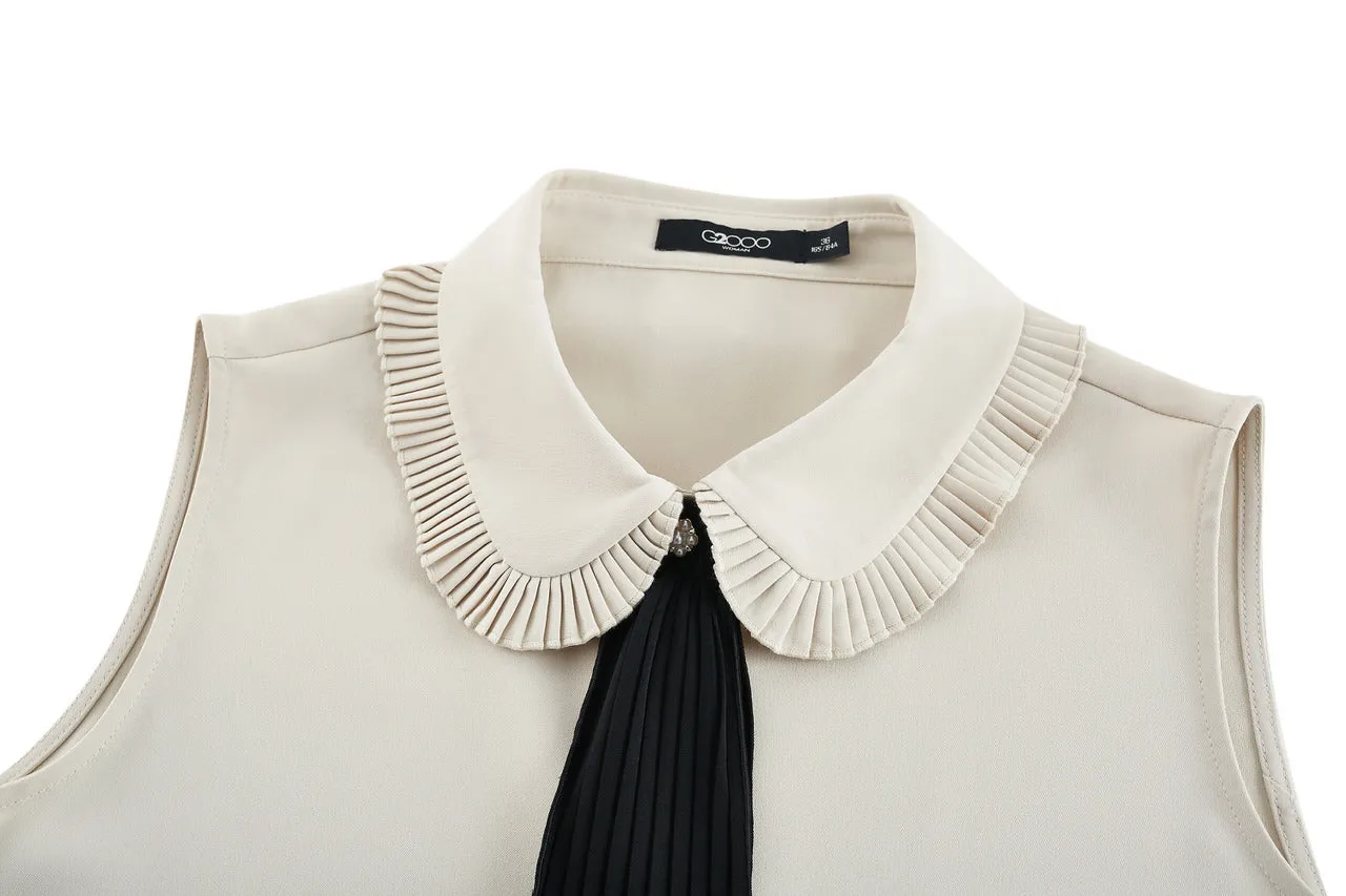 Sleevess Shirt Collar Blouse with Detachable Colour Blocked Tie