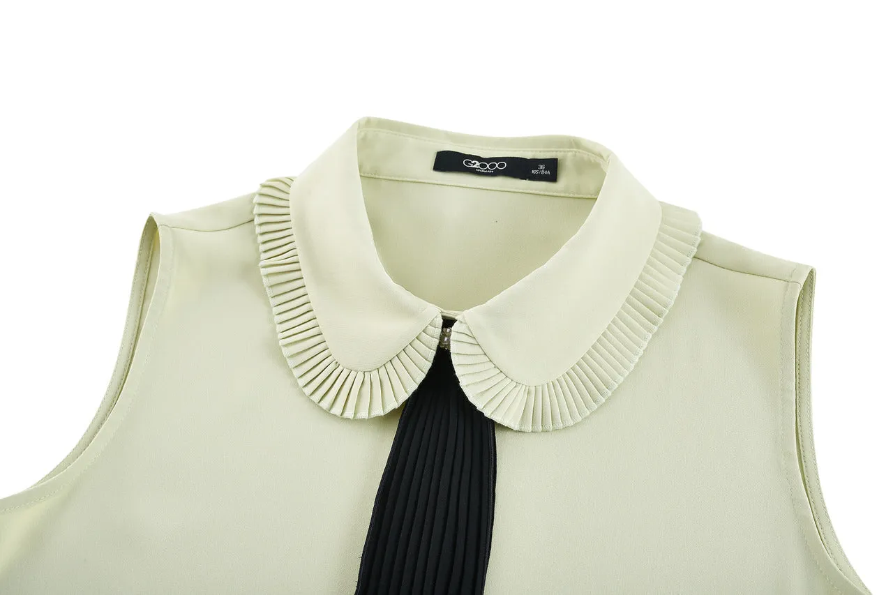 Sleevess Shirt Collar Blouse with Detachable Colour Blocked Tie