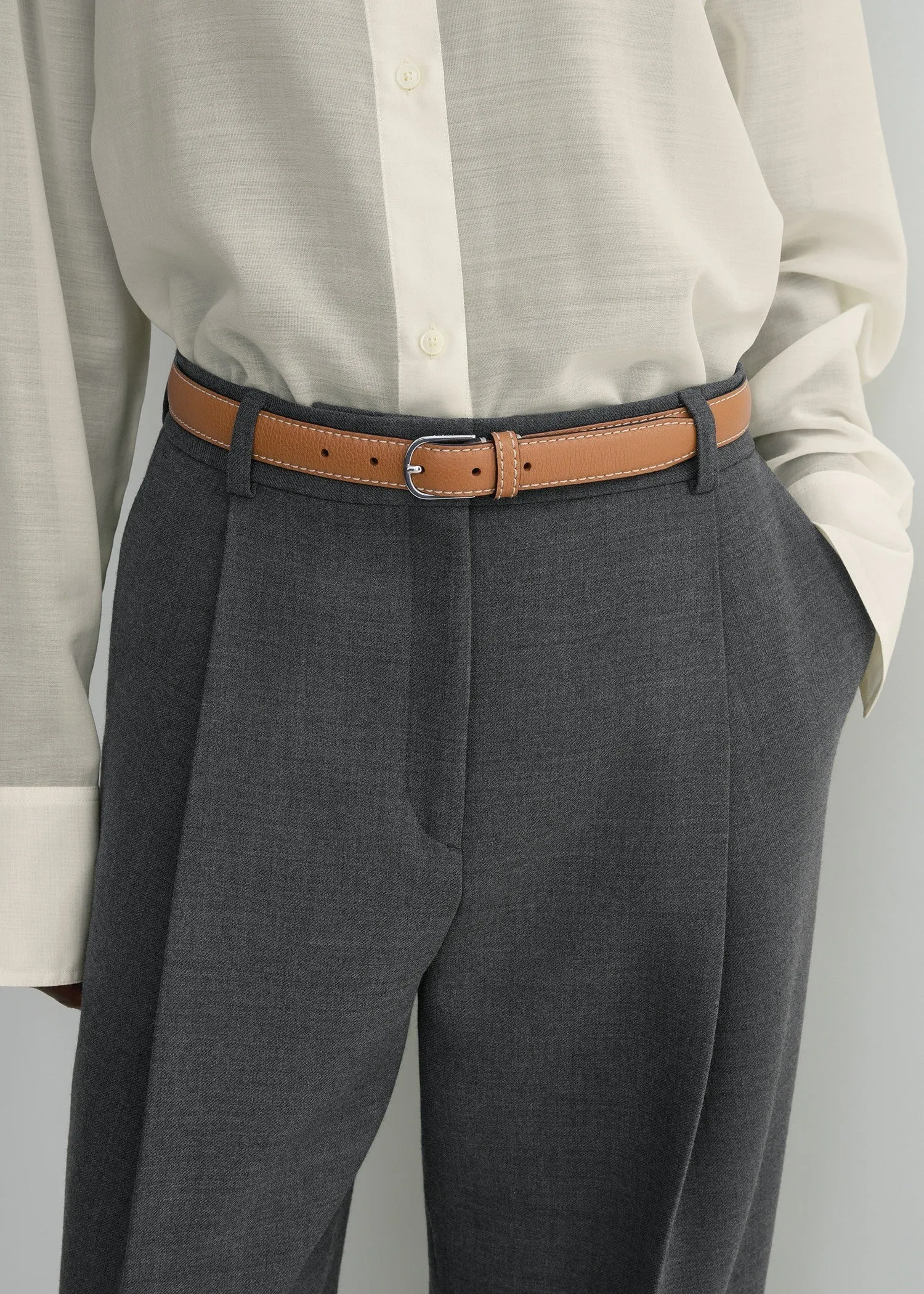 Slim grained-leather trouser belt tan