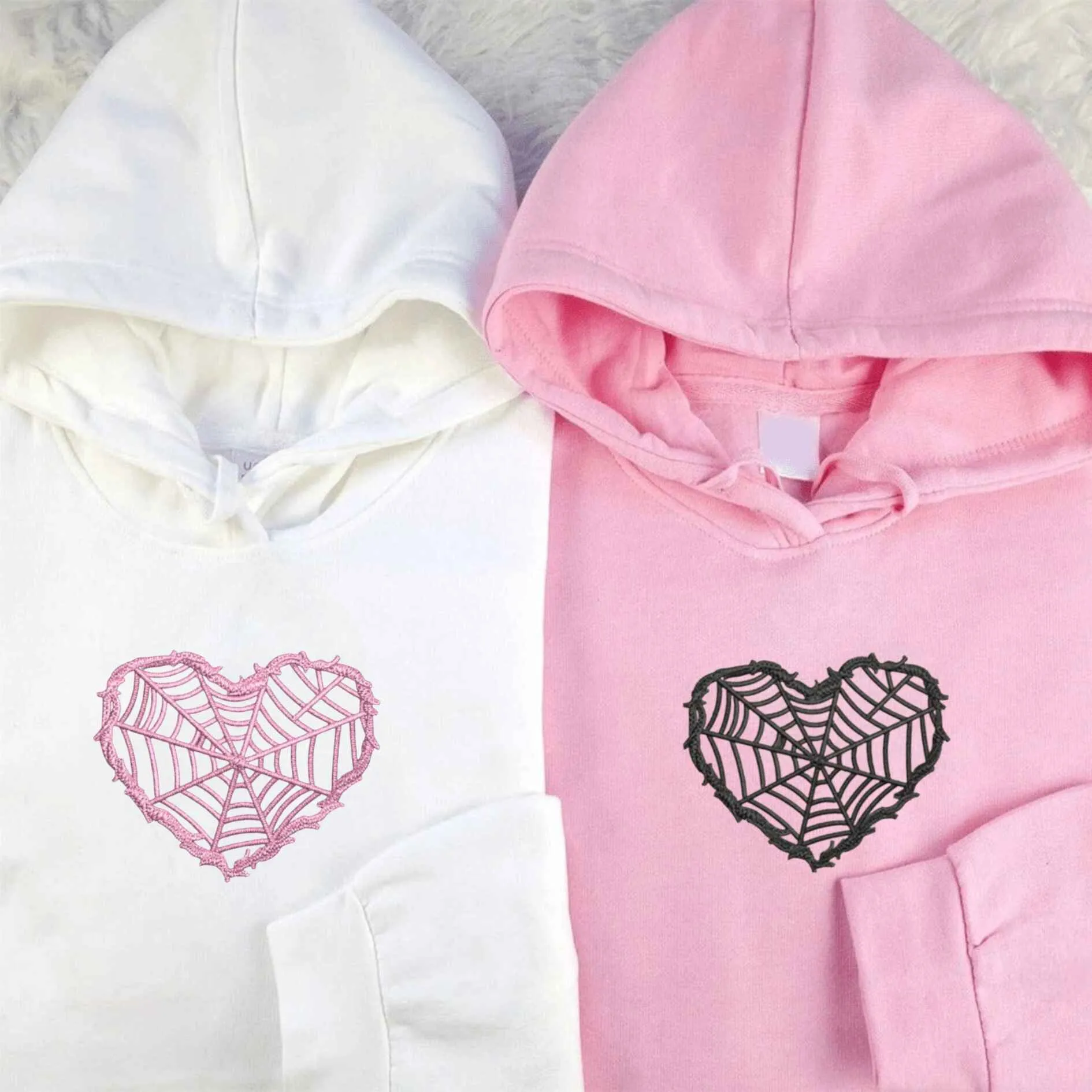 Spider Web Heart Embroidered Couple Hoodies - Personalized Matching Sweatshirts For Couples