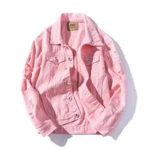 Stylish Denim Loose Trendy Jacket Ripped Pink Student Outerwear