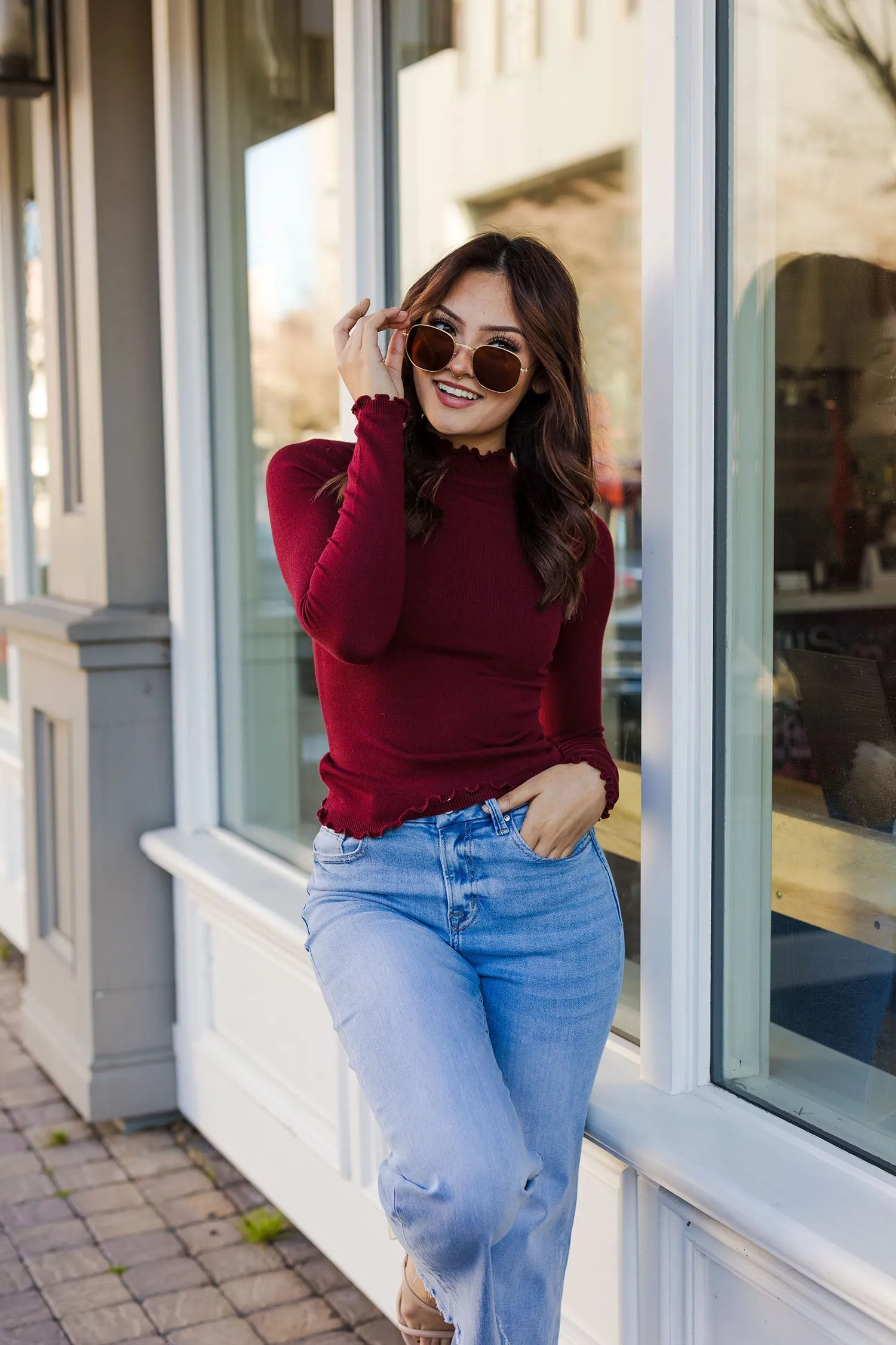 The Layer It Up Burgundy Mock Neck Long Sleeve Top