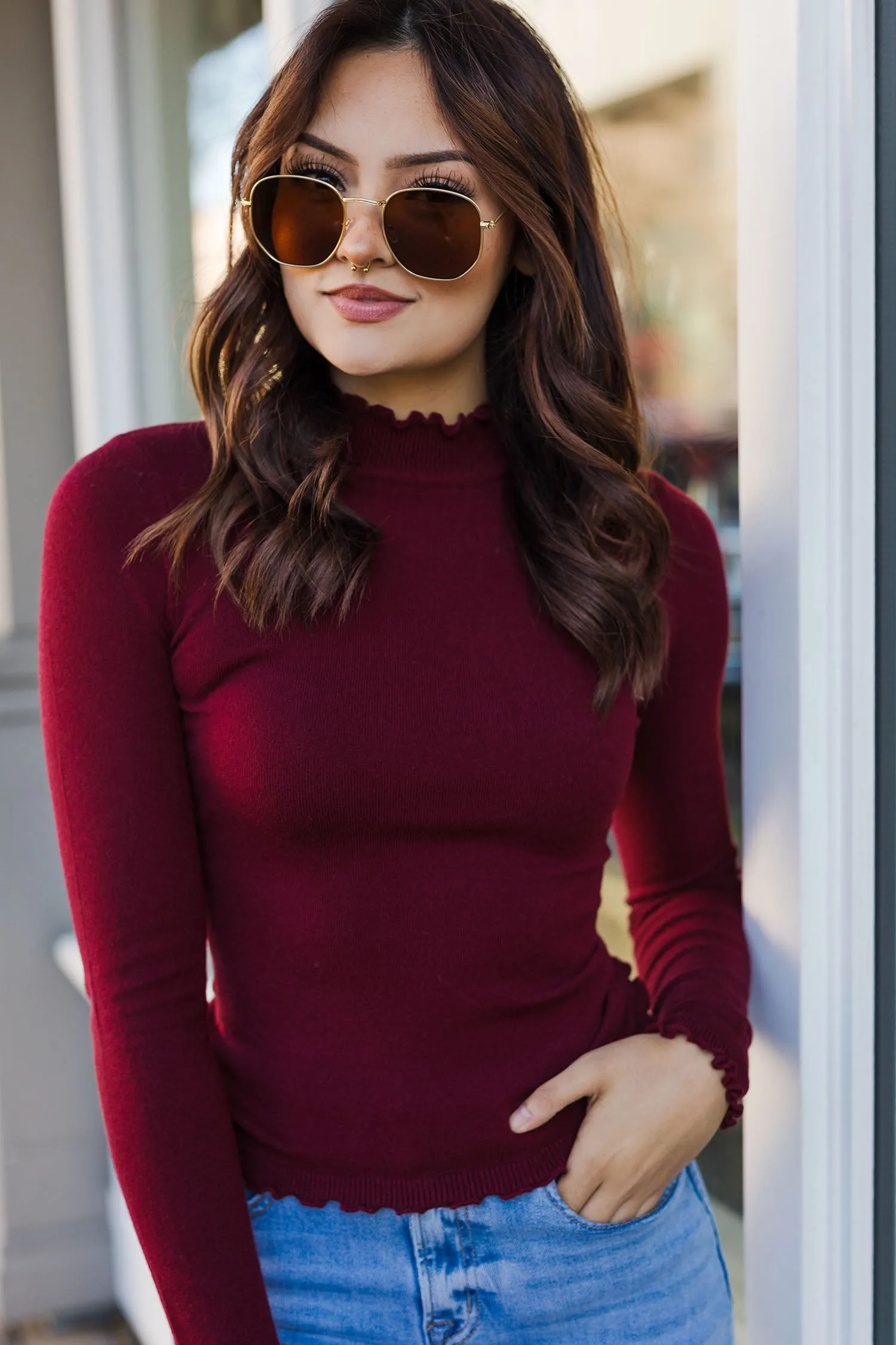 The Layer It Up Burgundy Mock Neck Long Sleeve Top