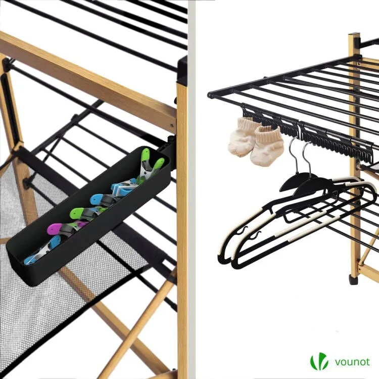 VOUNOT Large Clothes Airer Foldable 2-Level with Wings & Casters Black&Wood Look