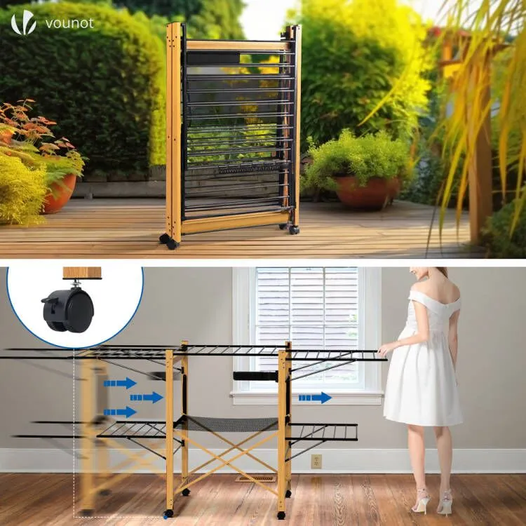 VOUNOT Large Clothes Airer Foldable 2-Level with Wings & Casters Black&Wood Look