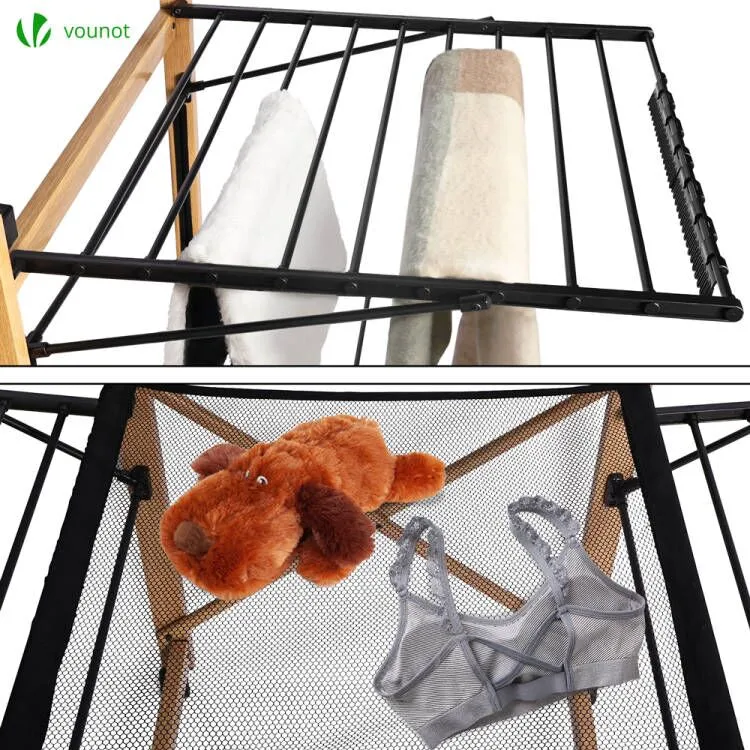 VOUNOT Large Clothes Airer Foldable 2-Level with Wings & Casters Black&Wood Look