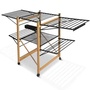 VOUNOT Large Clothes Airer Foldable 2-Level with Wings & Casters Black&Wood Look