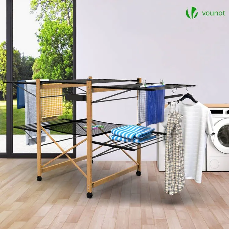 VOUNOT Large Clothes Airer Foldable 2-Level with Wings & Casters Black&Wood Look