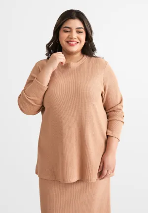 Wafah Long Sleeves Waffle Top - Beige