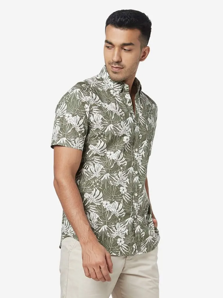 WES Casuals Olive Leaf-Patterned Slim-Fit Shirt