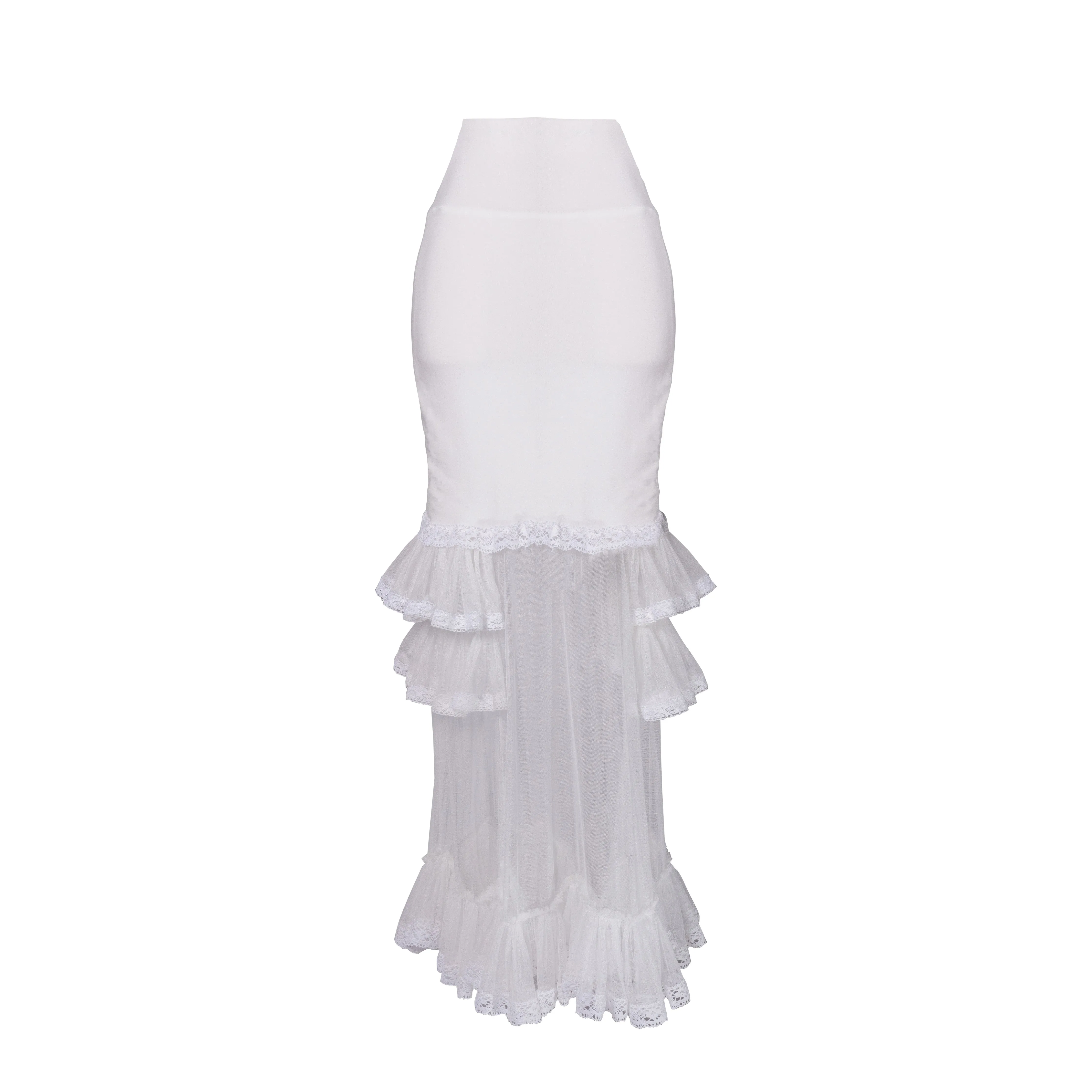 White Modal Jersey Skirt with Tulle & Lace Ruffle