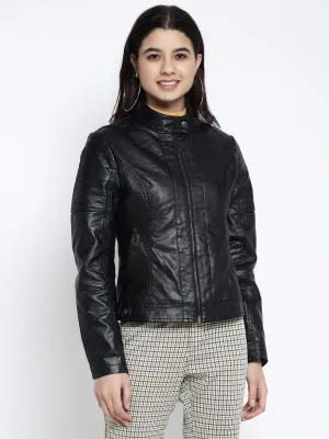 Women Black T- Neck Solid Jacket