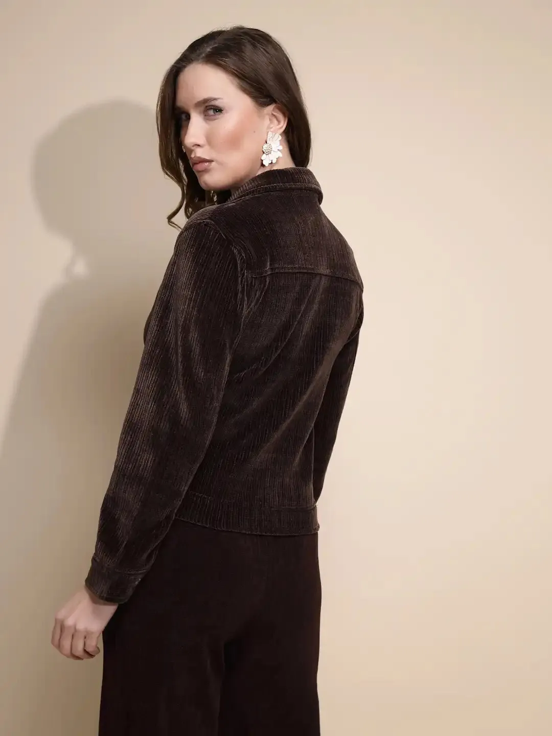 Women Brown Solid Full Sleeve Collared Neck Suede Jacket