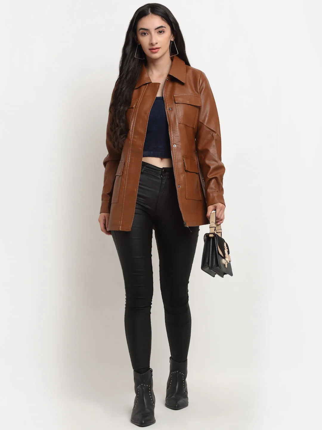 Women Khaki Collared PU Leather Solid Jacket