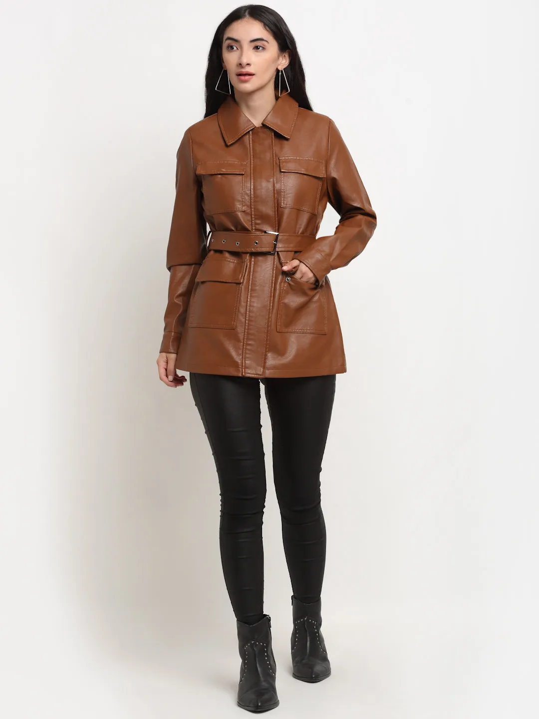 Women Khaki Collared PU Leather Solid Jacket