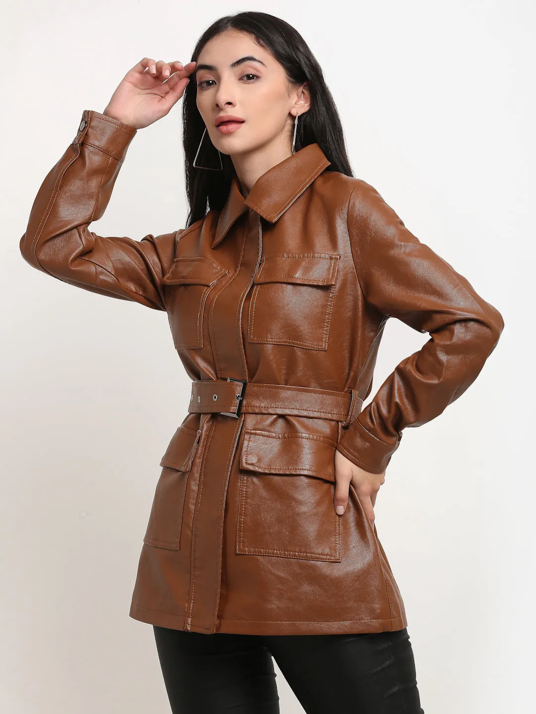 Women Khaki Collared PU Leather Solid Jacket