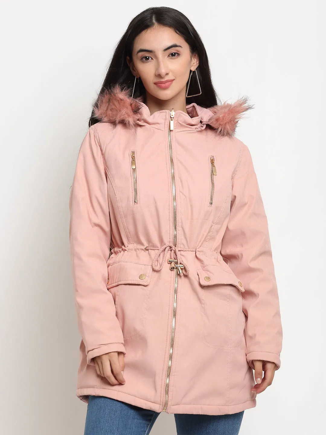 Women Pink Straight Fit Hood Reversible Jacket