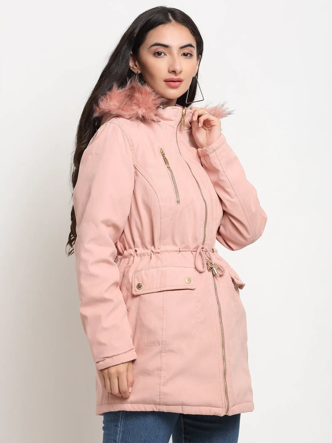 Women Pink Straight Fit Hood Reversible Jacket