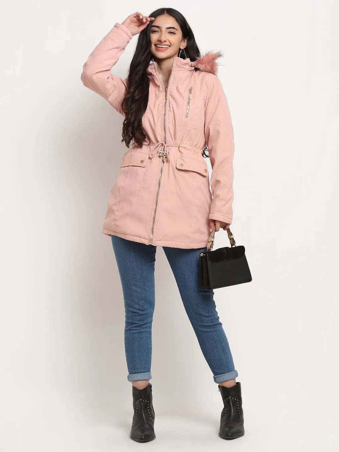 Women Pink Straight Fit Hood Reversible Jacket