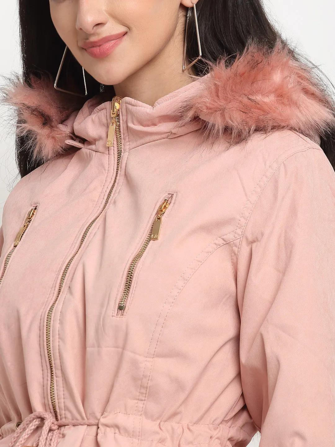 Women Pink Straight Fit Hood Reversible Jacket