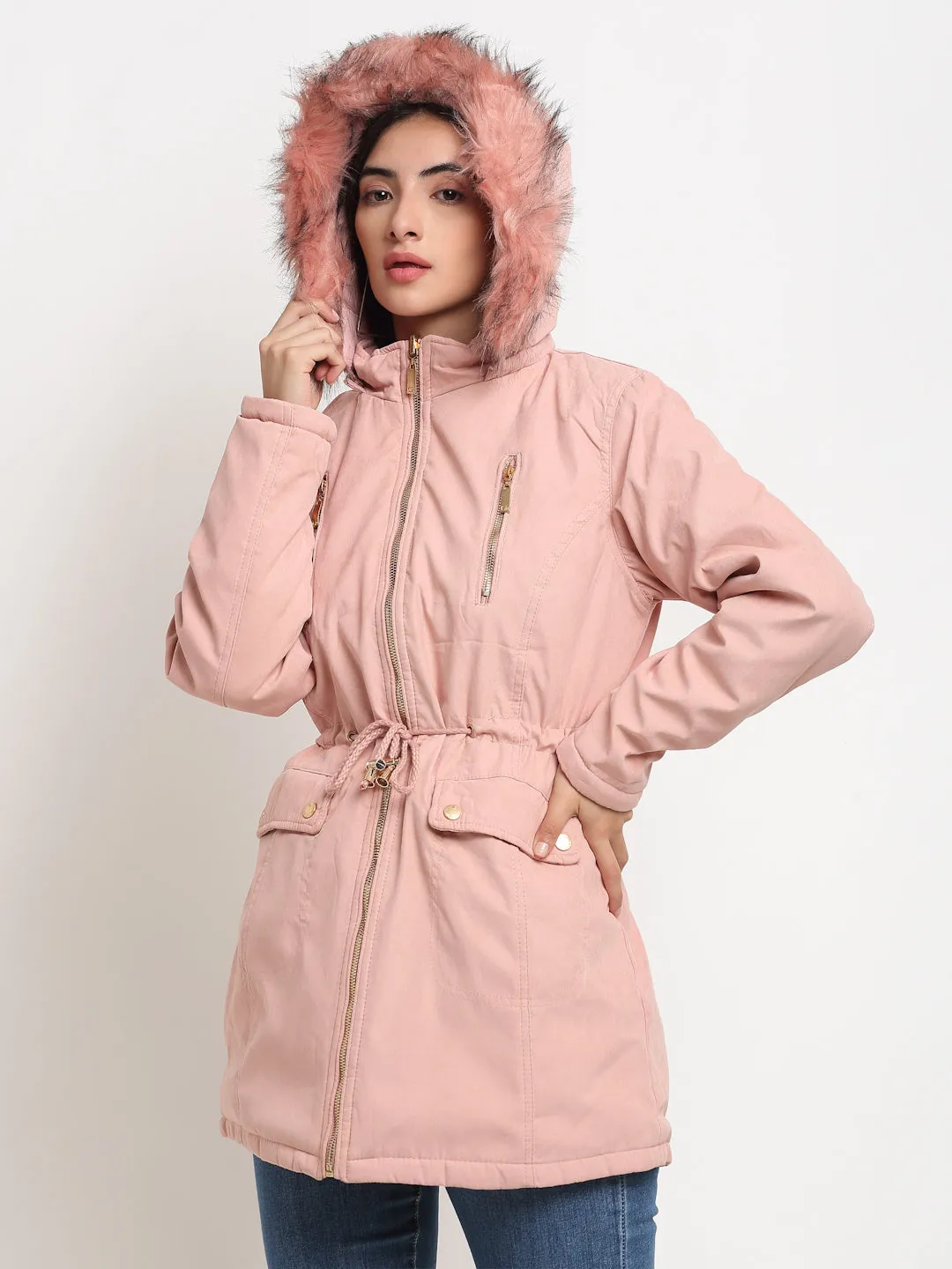 Women Pink Straight Fit Hood Reversible Jacket