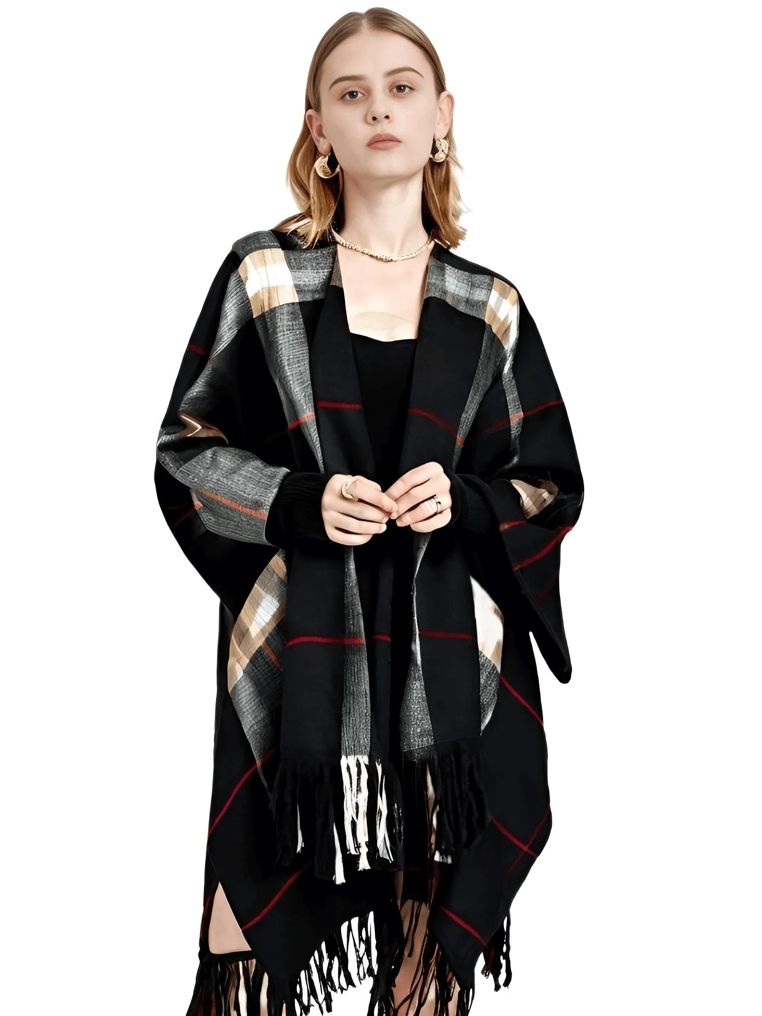 Women's Cashmere Feeling Shawl Lady Classic Plaid Cape Spring Autumn Retro Cardigan Winter Cloak with Tassels Soft Large