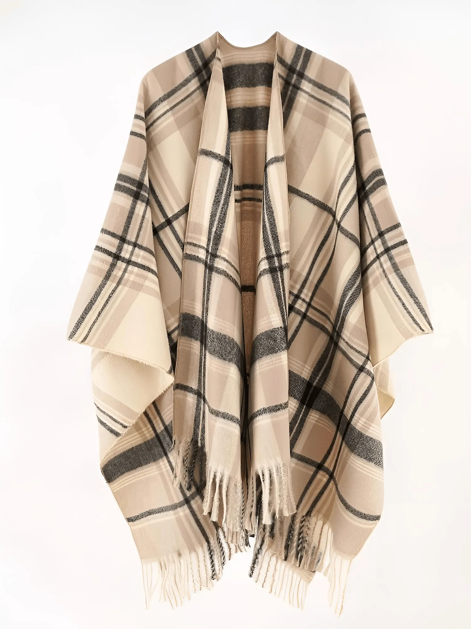 Women's Cashmere Feeling Shawl Lady Classic Plaid Cape Spring Autumn Retro Cardigan Winter Cloak with Tassels Soft Large