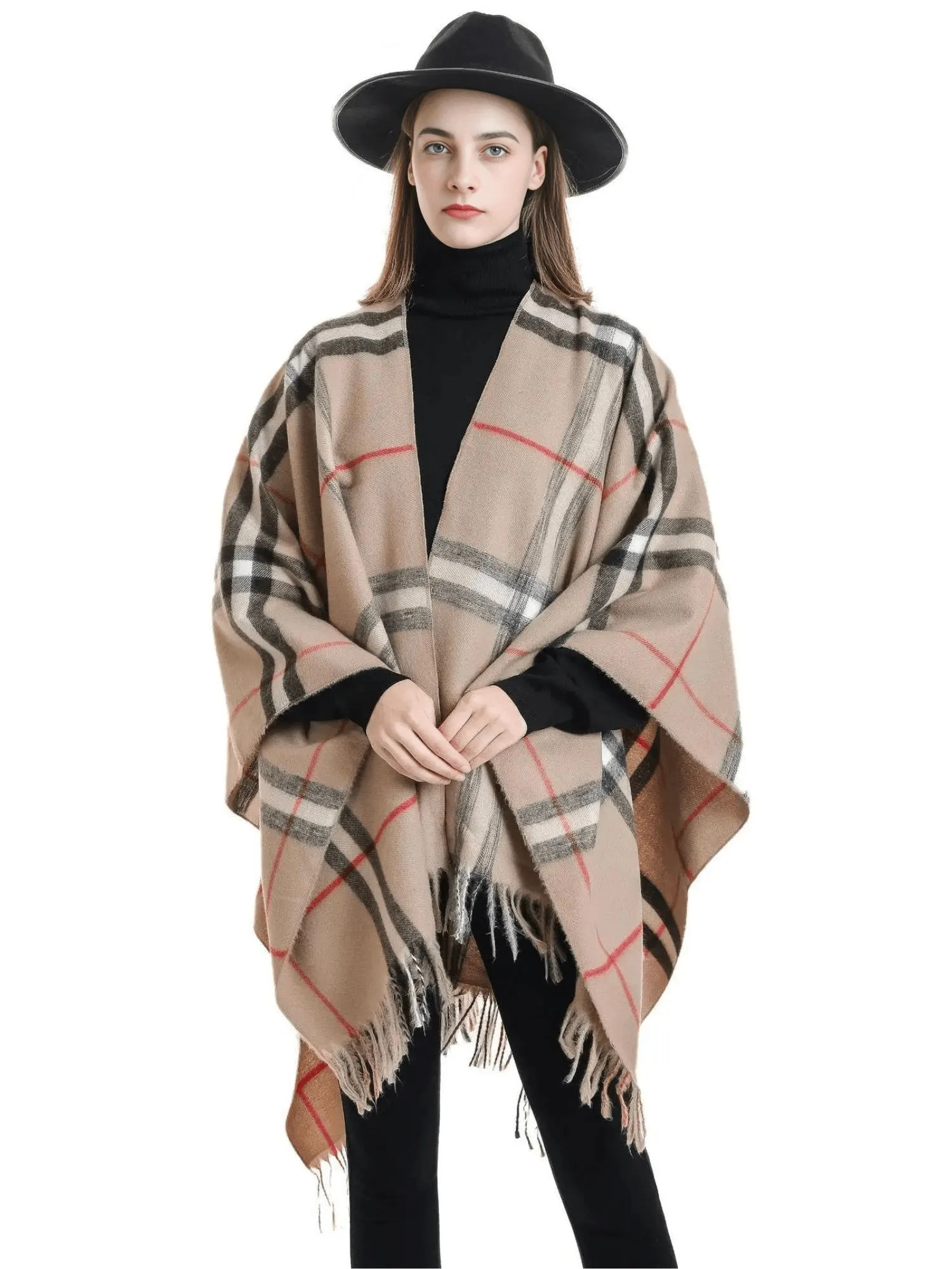 Women's Cashmere Feeling Shawl Lady Classic Plaid Cape Spring Autumn Retro Cardigan Winter Cloak with Tassels Soft Large