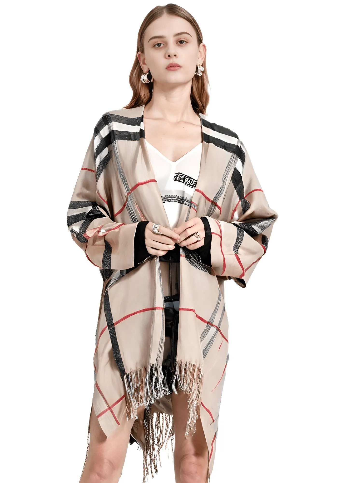 Women's Cashmere Feeling Shawl Lady Classic Plaid Cape Spring Autumn Retro Cardigan Winter Cloak with Tassels Soft Large