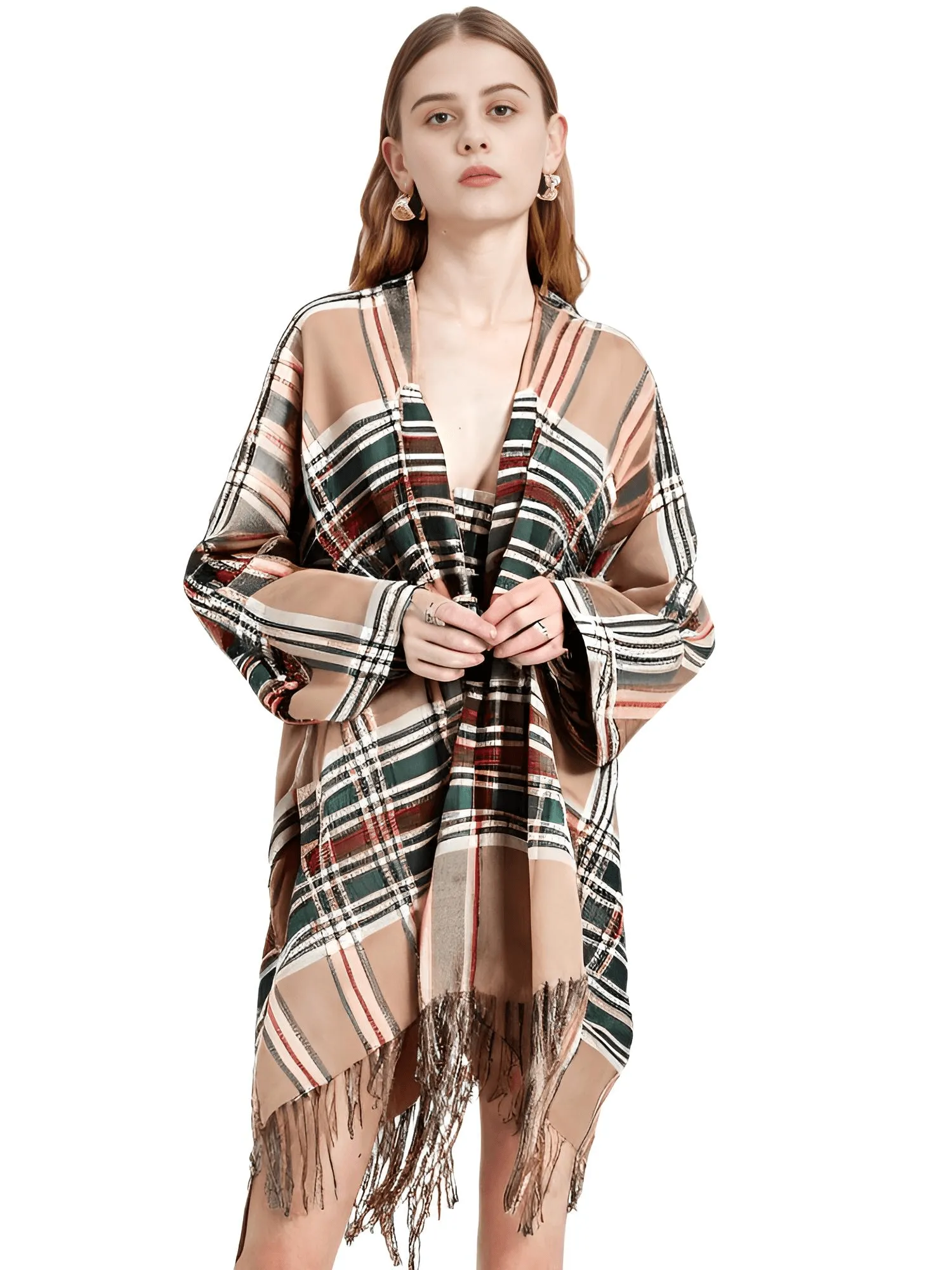 Women's Cashmere Feeling Shawl Lady Classic Plaid Cape Spring Autumn Retro Cardigan Winter Cloak with Tassels Soft Large