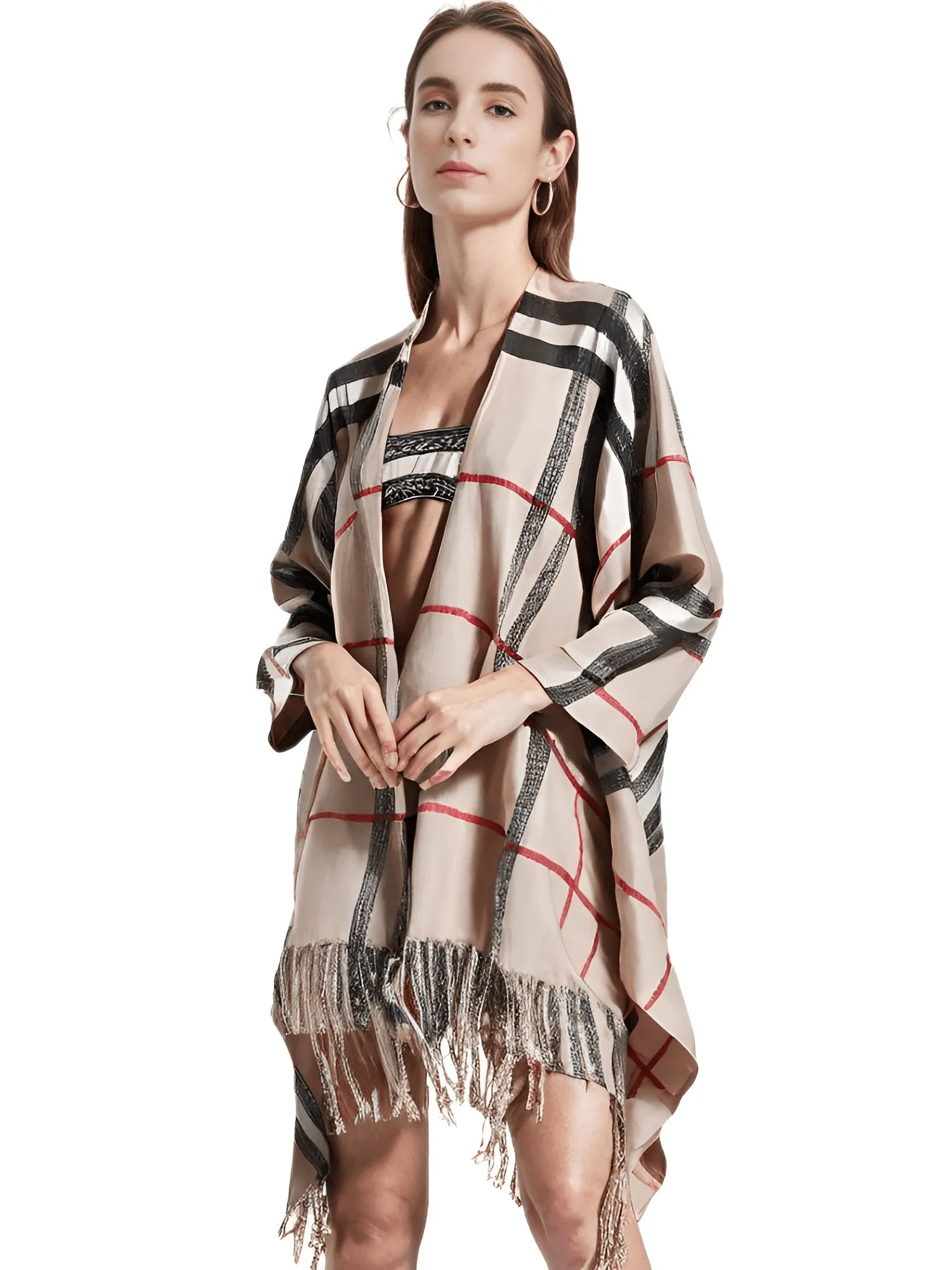 Women's Cashmere Feeling Shawl Lady Classic Plaid Cape Spring Autumn Retro Cardigan Winter Cloak with Tassels Soft Large