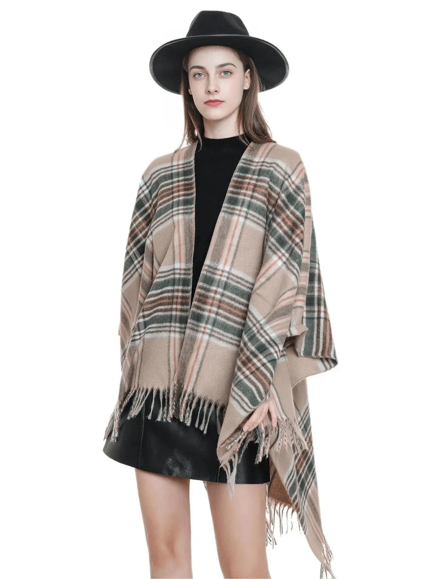 Women's Cashmere Feeling Shawl Lady Classic Plaid Cape Spring Autumn Retro Cardigan Winter Cloak with Tassels Soft Large