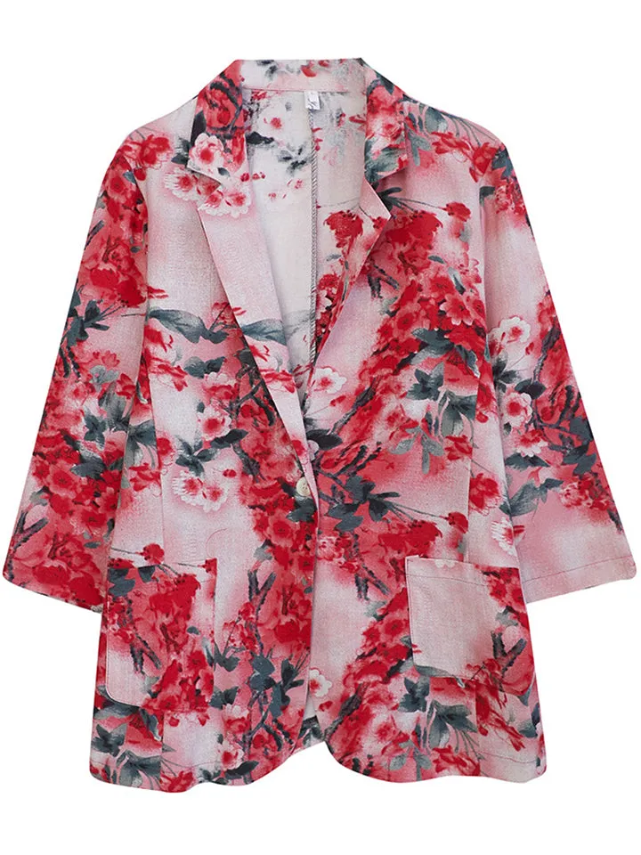 Women's Stylish One Button 3/4 Sleeve Red Floral Blazer