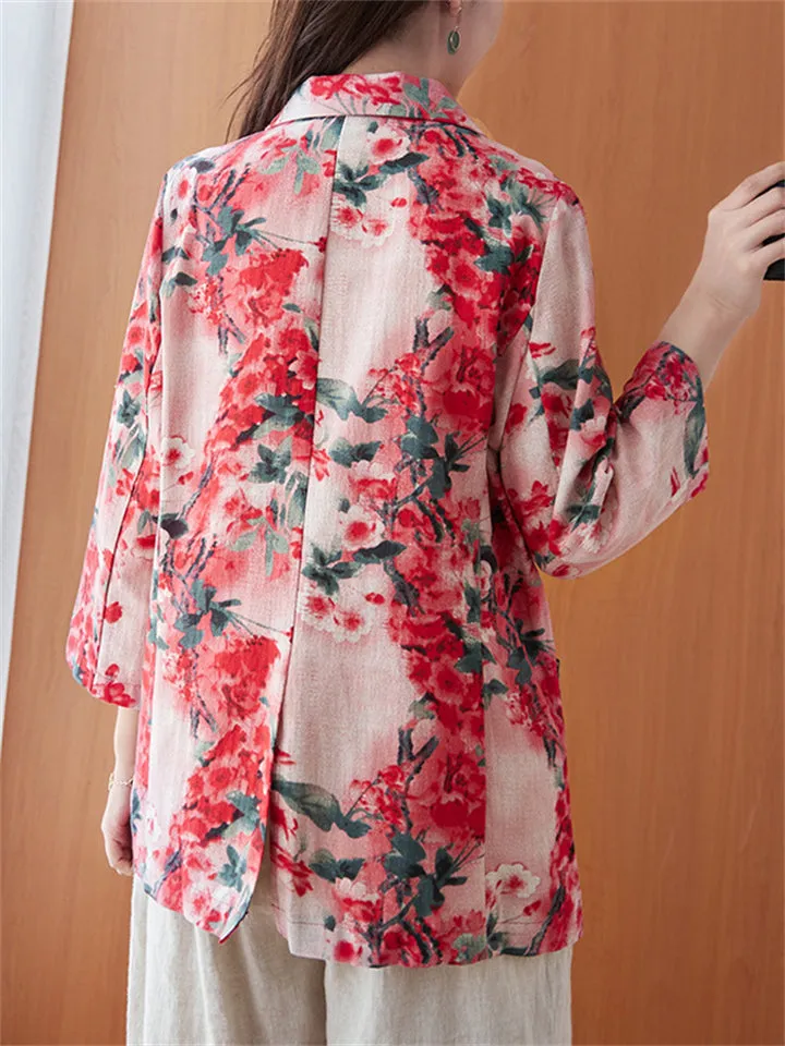 Women's Stylish One Button 3/4 Sleeve Red Floral Blazer