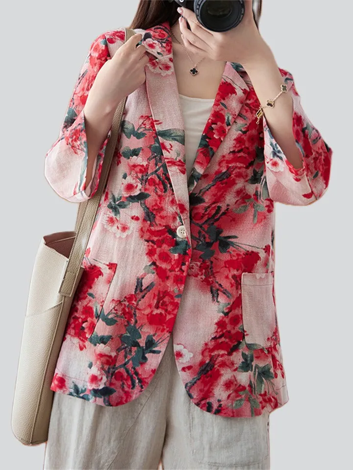 Women's Stylish One Button 3/4 Sleeve Red Floral Blazer