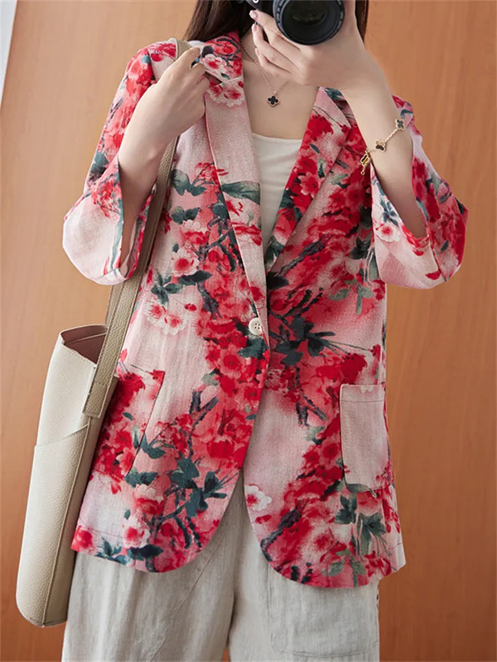 Women's Stylish One Button 3/4 Sleeve Red Floral Blazer