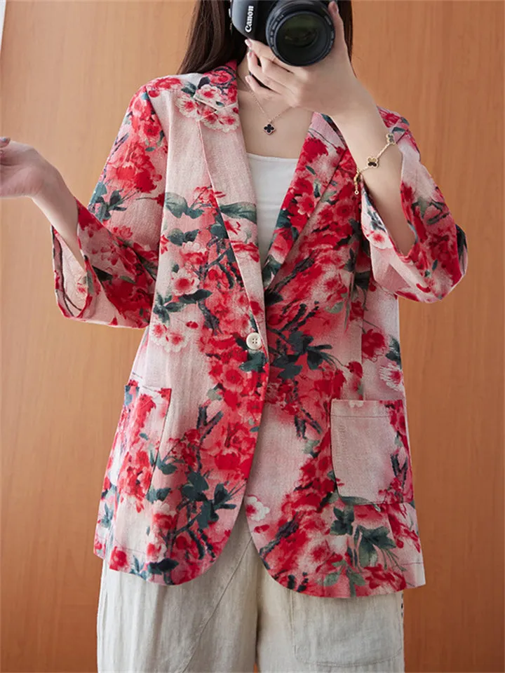 Women's Stylish One Button 3/4 Sleeve Red Floral Blazer